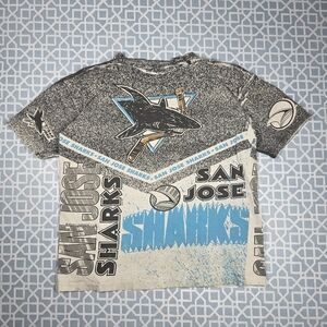 90s VTG San Jose Sharks AOP NHL Hockey All Over Print Magic Johnson Large Shirt